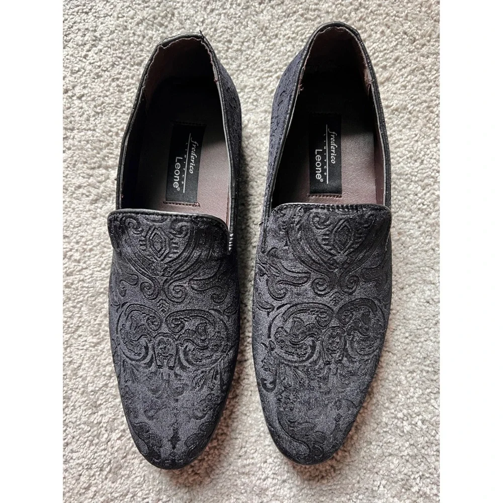 Frederico Leone Mens Black Velvet Paisley Damask Loafer Formal Shoes FS-650 10.5